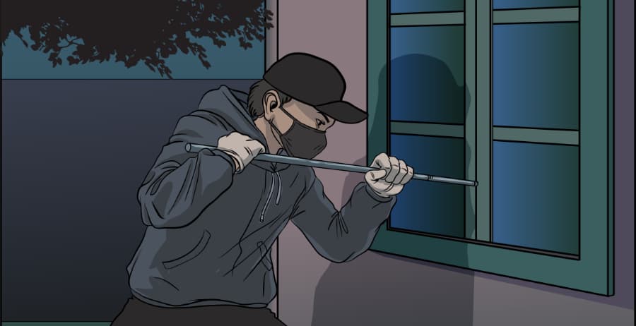 Illustration of burglar forcing entry through a window in Chicago